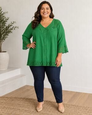 Zac & Rachel Woman Green Lace Button Front Blouse 3X